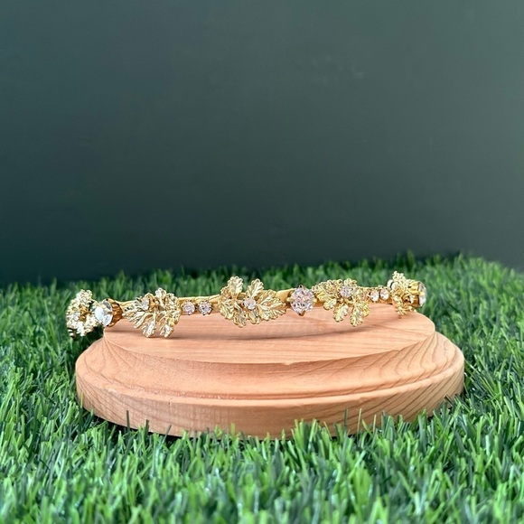 Faux Gold Metal Leaf Rhinestone Embellished Headband - Picture 6 of 7